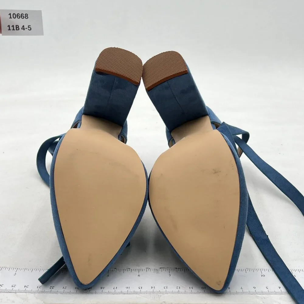 FSJ Steel Blue Faux Suede Chunky Heel D'Orsay Pointed Toe Ankle Strap Pump - Picture 7 of 8